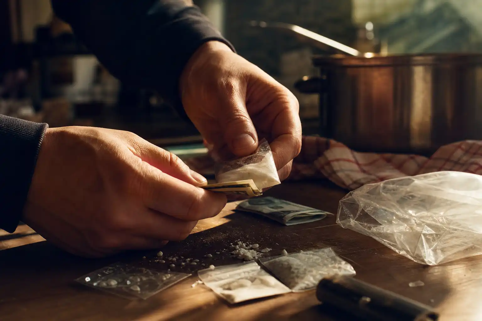 Des mains manipulent un objet, autour de paie prix drogue, dans une cuisine.