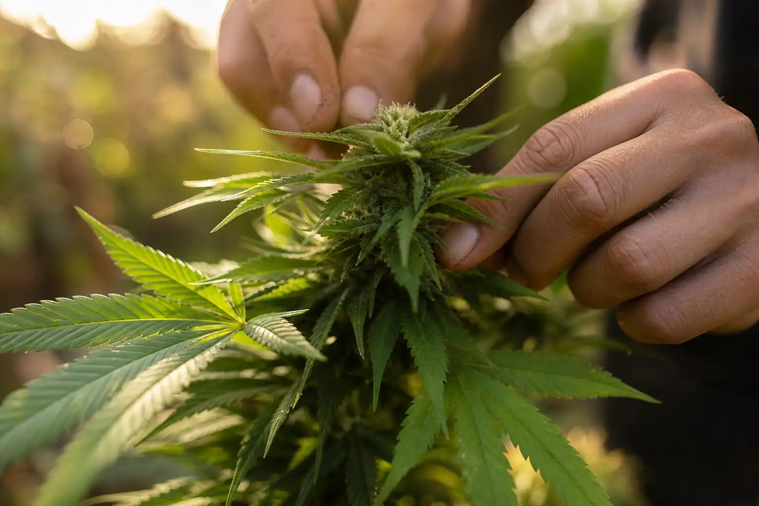 Des mains préparent quelque chose, autour de culture extérieure cannabis, dans un jardin.