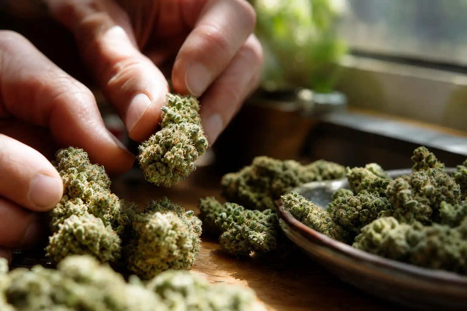 Des mains disposent un objet, autour de variétés cannabis, près d'une fenêtre.