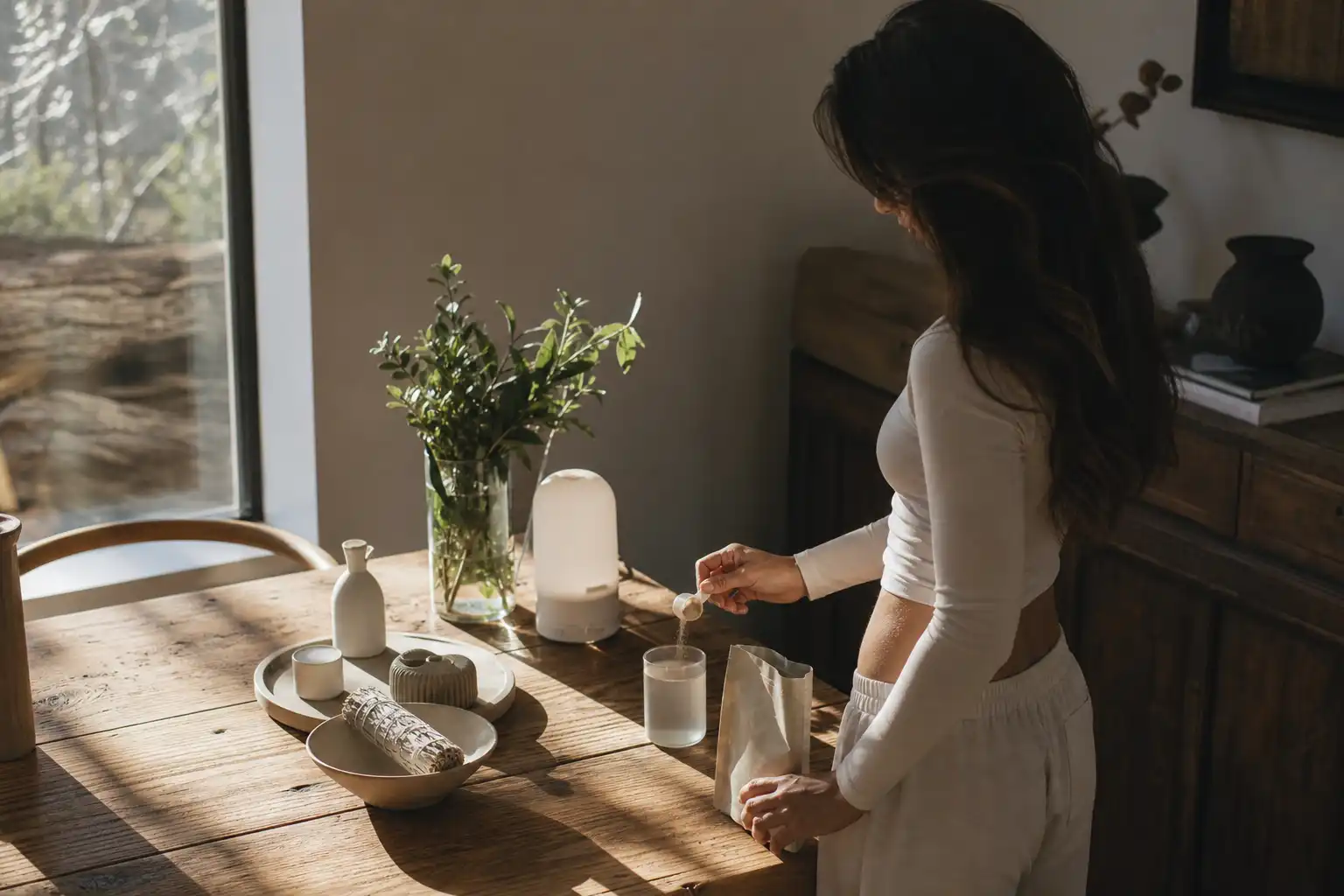 Quelqu'un dose quelque chose, autour d'early girl culture, près d'une table en bois.