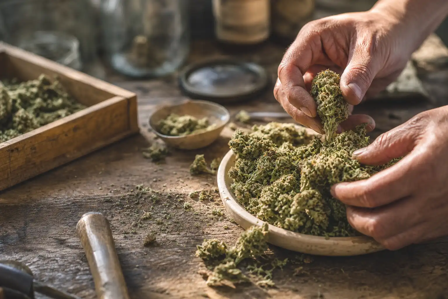 Des mains disposent un objet, autour d'antigua barbuda cannabis, dans un atelier.