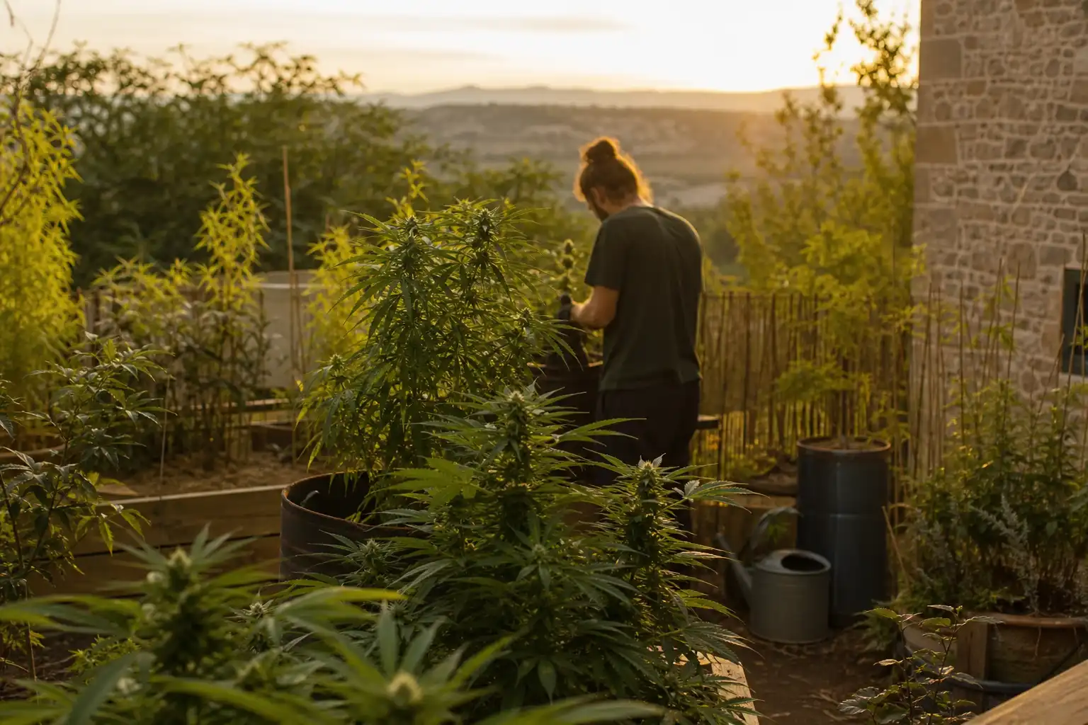Quelqu'un prépare quelque chose, autour de culture extérieure cannabis, dans un jardin.